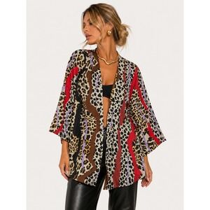 Bob Mackie Wearable Art Leopard Animal Print Open Front Cardigan M